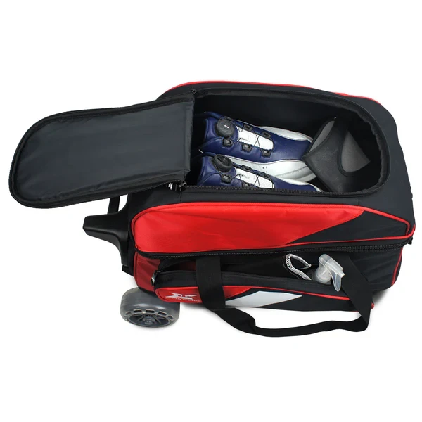 Tenth Frame Deluxe Double Roller red bag showing large shoe compartment for men’s size 15 shoes