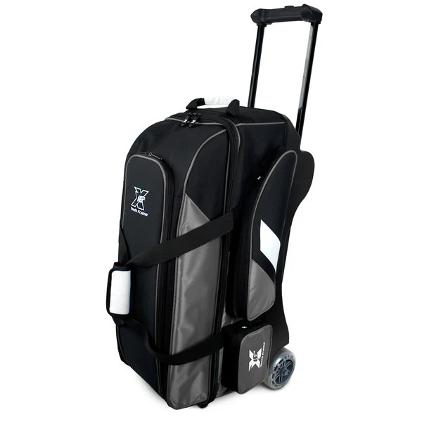 Tenth Frame Deluxe Triple Roller Bowling Bag grey front view with telescoping handle