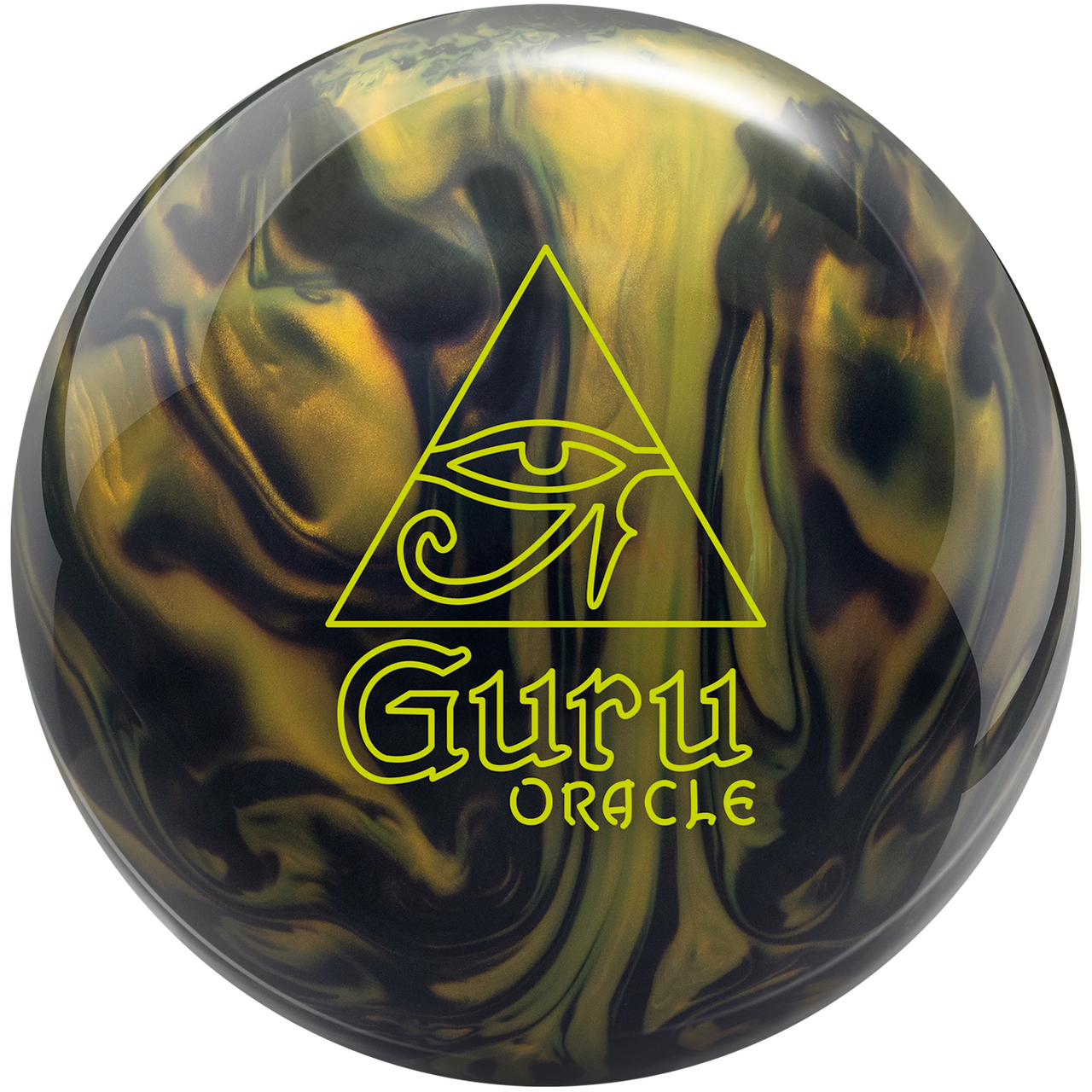 Radical Guru Oracle Pearl bowling ball front view showing Black Gold color mix and Guru Oracle Pearl logo