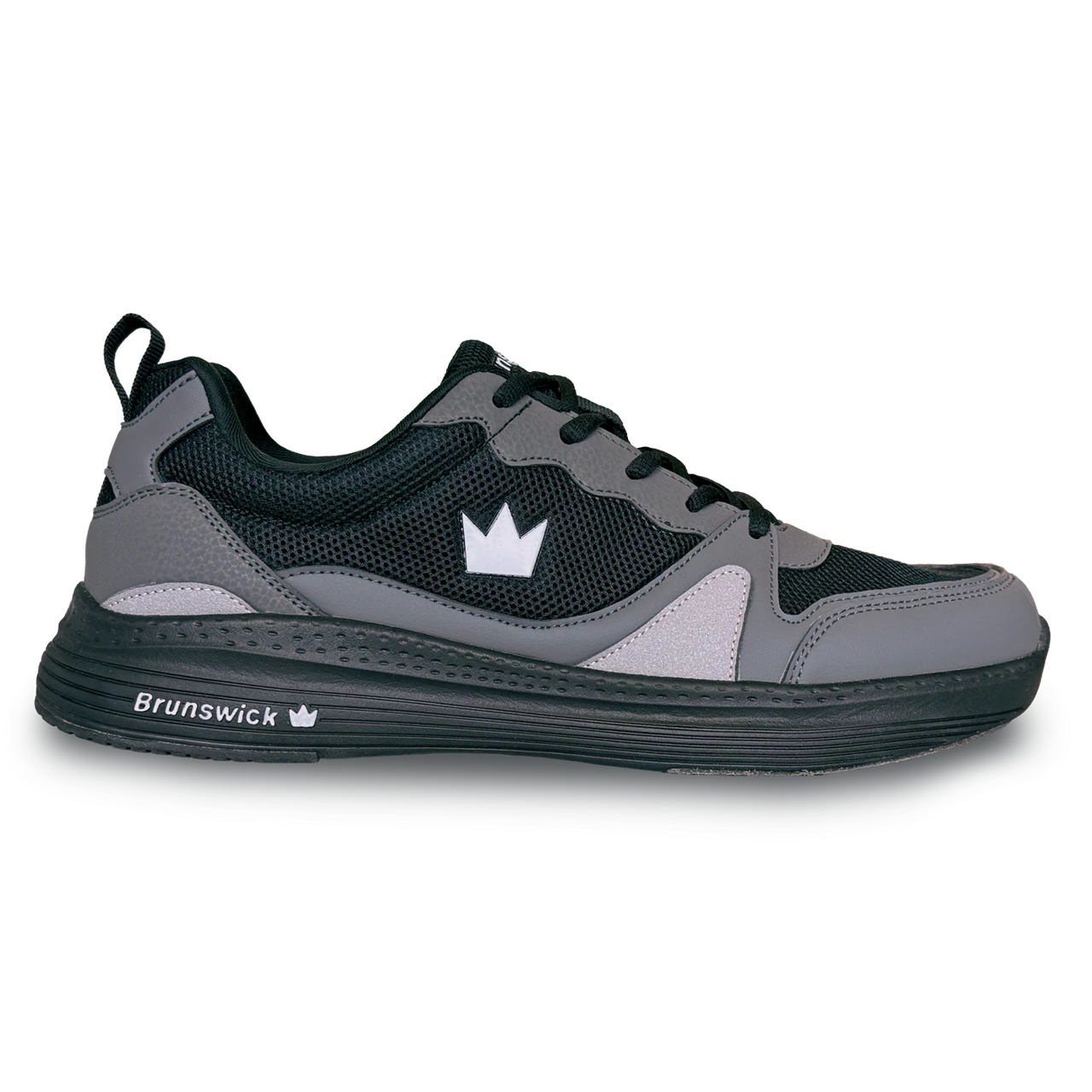 Brunswick Outback Black Grey men’s bowling shoes side view showing athletic knit upper and white EVA outsole