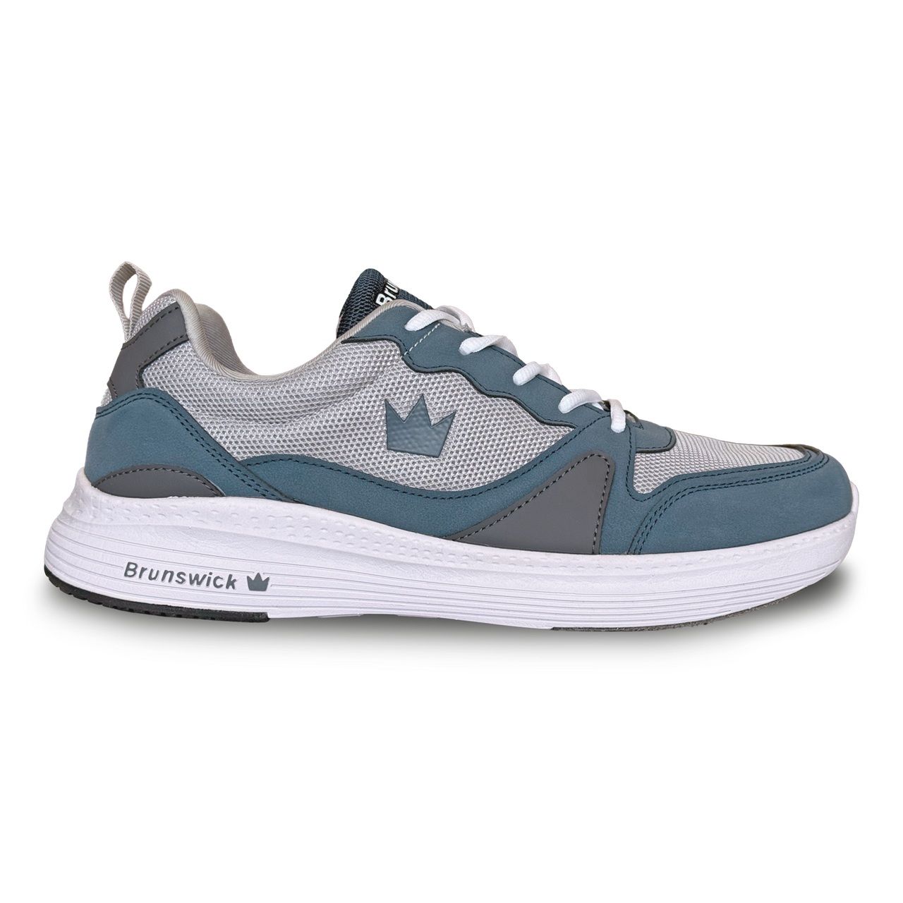 Brunswick Outback Grey Blue men’s bowling shoes side view showing grey knit upper with blue accents and white EVA outsole
