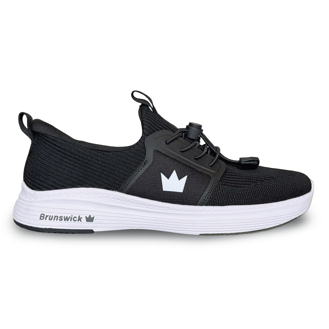 Brunswick Majestic Black women’s bowling shoes side view showing black athletic mesh upper and white outsole