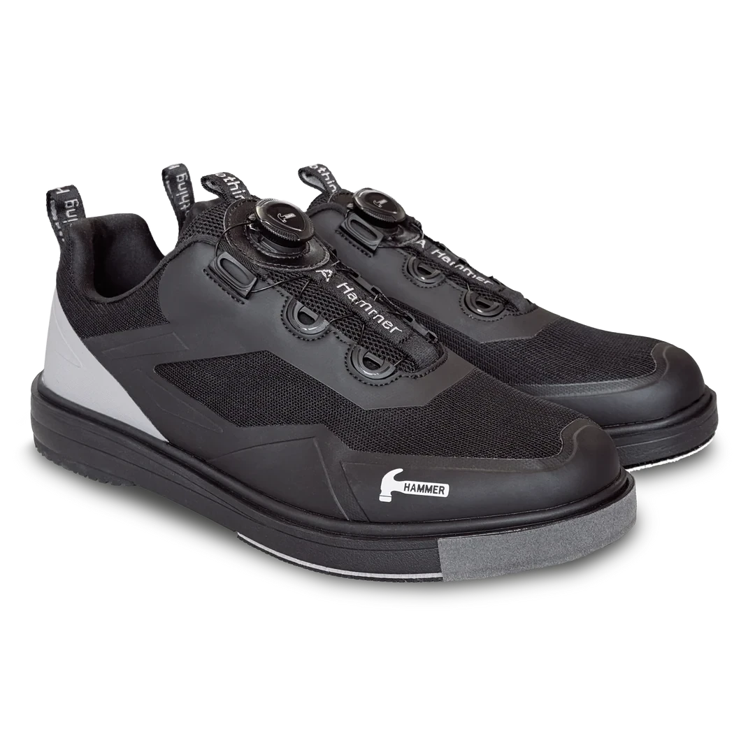 Top view of Hammer Vibe Black / Grey right‑hand shoe highlighting dial lacing knob and breathable mesh + TPU overlays