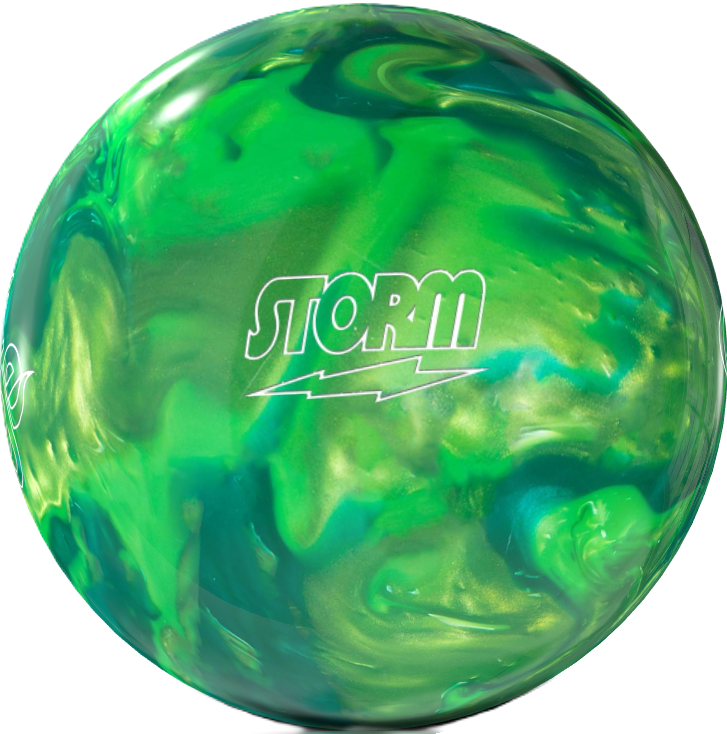 Side view of Storm Tropical Surge Apple Kiwi Avocado bowling ball showing Storm bolt logo