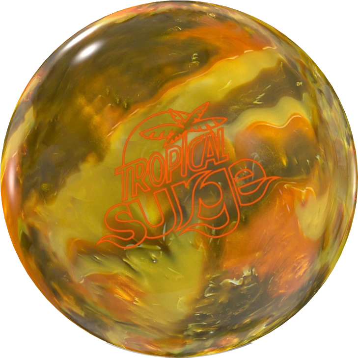 Storm Tropical Surge Gold Bronze Medallion bowling ball front view showing gold and bronze swirls with Storm logo