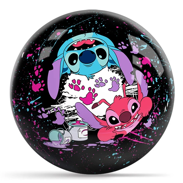 Close up of Stitch Double Trouble bowling ball showing Stitch and Leroy double trouble design