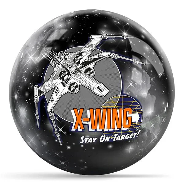 Star Wars X-Wing Starfighter bowling ball with high-definition starfighter graphics on space background