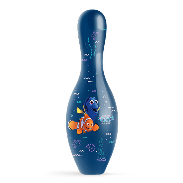 Close up of Disney Nemo Just Keep Swimming bowling pin colorful ocean graphics featuring Nemo and Dory