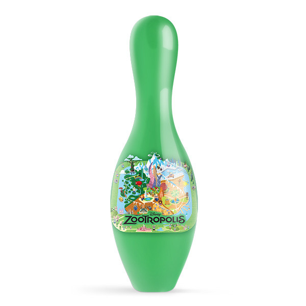 Close up of Disney Zootopia bowling pin colorful city and character graphics
