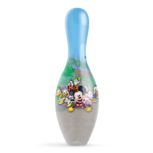 Disney Mickey and Friends In The Park official size bowling pin with park scene artwork front view