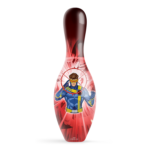 Marvel Cyclops official size bowling pin with bold X-Men Cyclops artwork front view