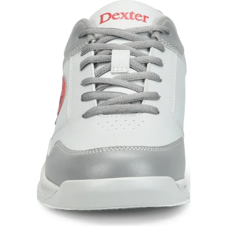 Close up of Dexter Ricky V Grey Red wide width bowling shoe padded tongue collar and lace to toe pattern