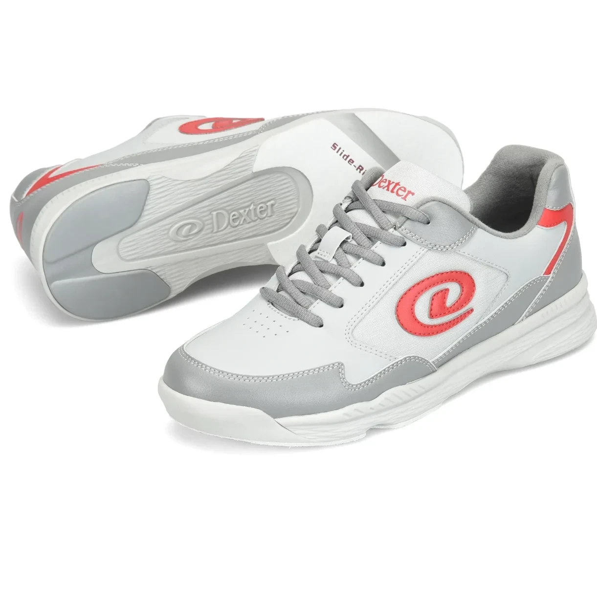 Dexter Ricky V grey red wide width bowling shoes with universal S8 microfiber slide soles on both shoes