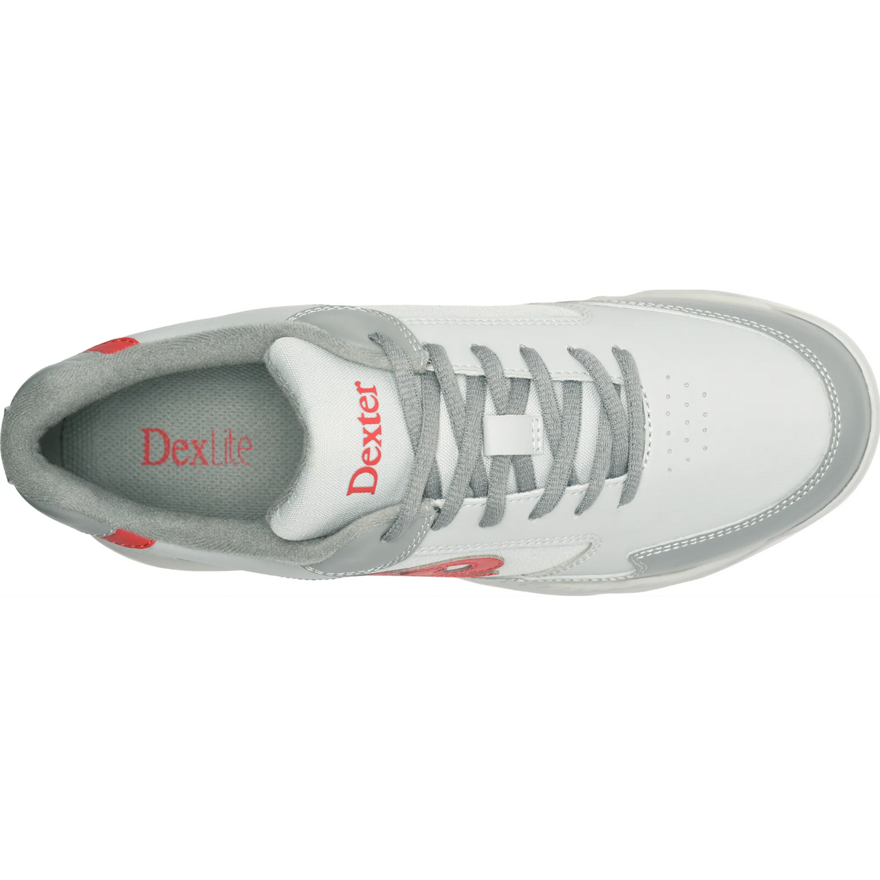 Top view of Dexter Ricky V Grey Red wide width bowling shoe padded tongue collar and lace to toe pattern