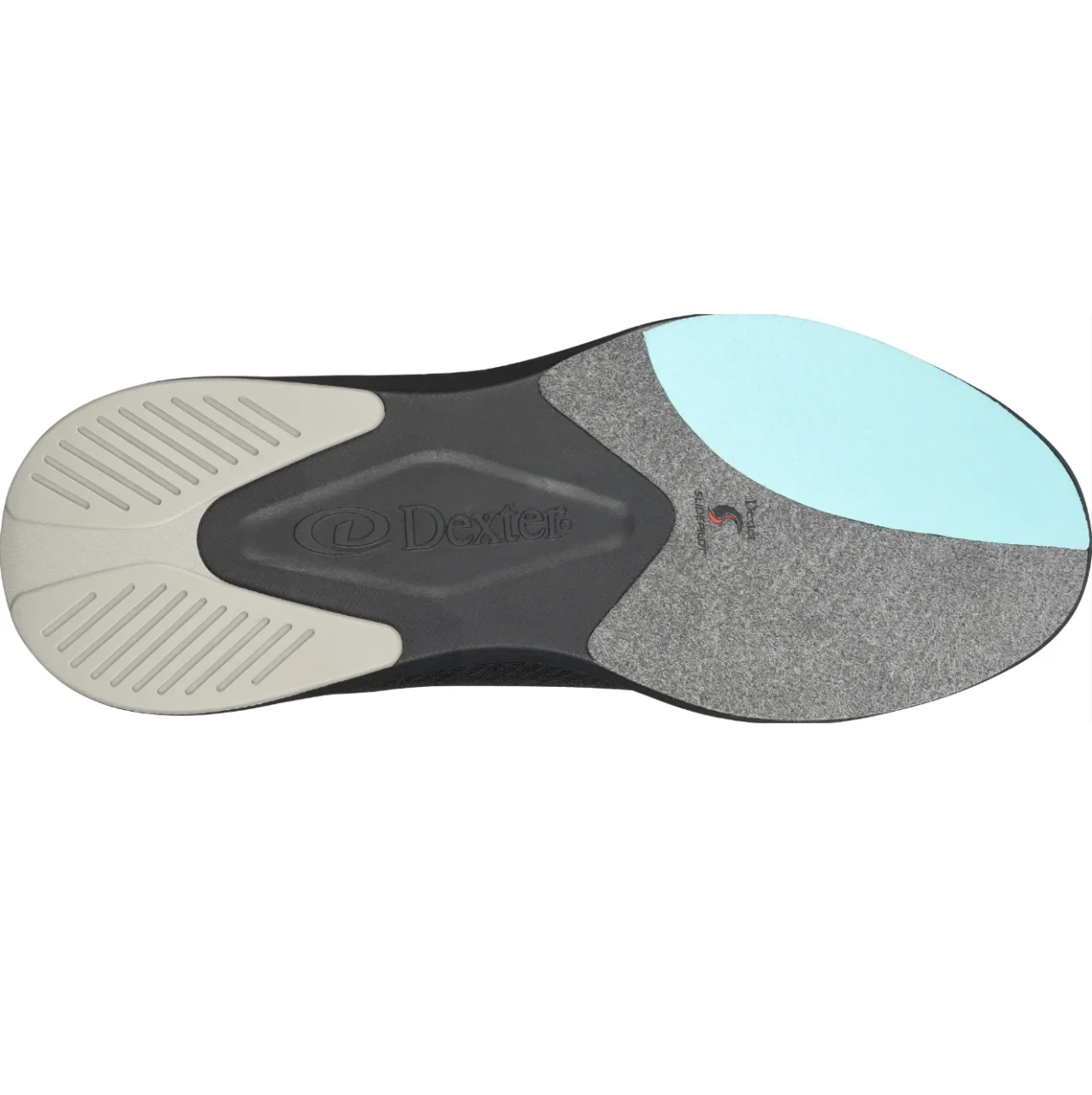 Close up of Dexter Pilot Pro Black Grey SlidePilot sole highlighting high friction lateral edge and low friction medial zone