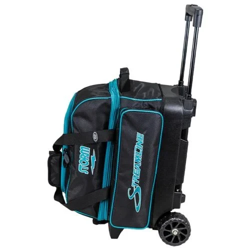 Storm 2‑Ball Streamline Diamond Black Aqua bowling bag front view with telescopic handle extended