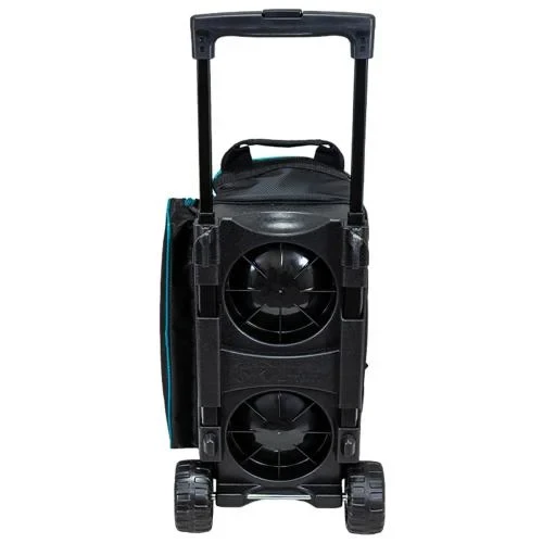 Detail shot of the 3.5" wheels and telescopic handle hardware on Storm Diamond Black Aqua Streamline bag