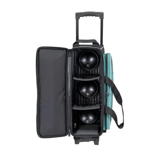 Open Storm Streamline Hex Teal Grey 3‑ball bag showing space for three bowling balls in the main compartment