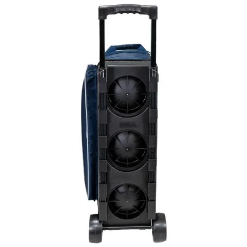 Detail shot of 4" wheels and hidden telescopic handle hardware on Storm Diamond Navy Grey Streamline bag