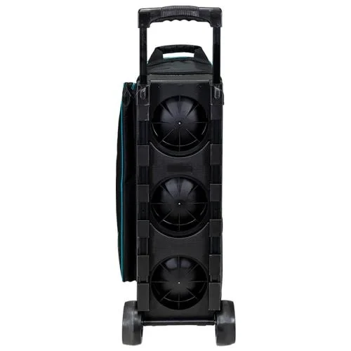 Detail shot of 4 inch wheels and telescopic handle hardware on Storm Diamond Black Aqua Streamline 3‑ball bag