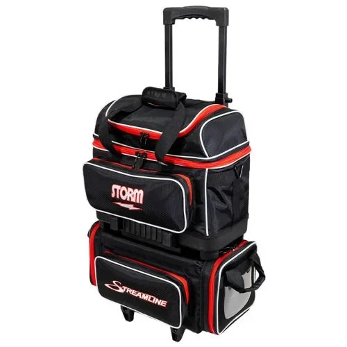 Storm 4‑Ball Streamline Hex Black Red bowling bag front view with telescopic handle extended