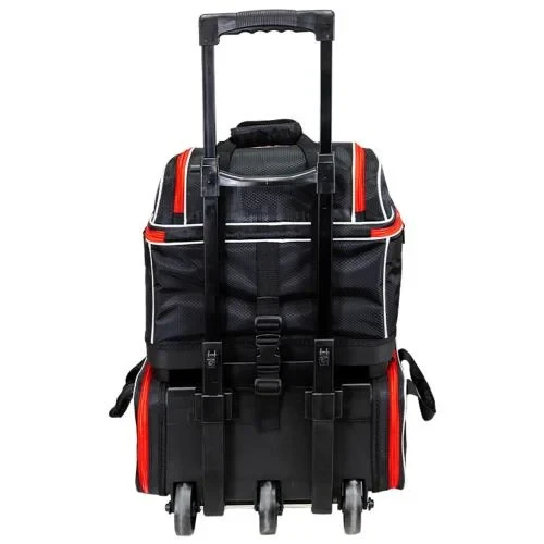 Back view of Storm 4‑Ball Streamline Hex Black Red roller with handle fully raised