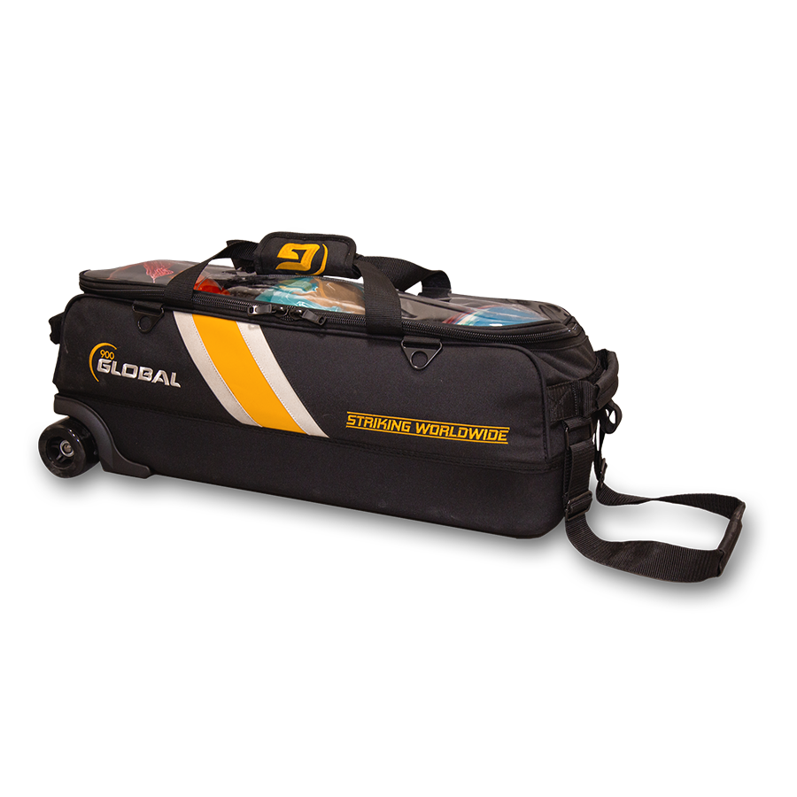 900 Global 3‑Ball Travel Tote Pro Black Gold bowling bag front view with clear top panel