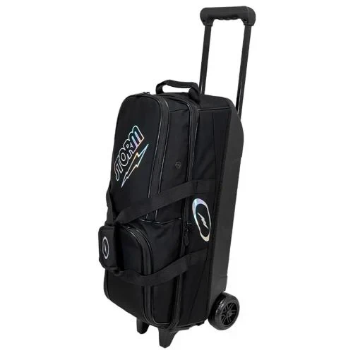 Storm 3 Ball Rolling Thunder Air Black bowling bag front view with tall telescopic handle extended