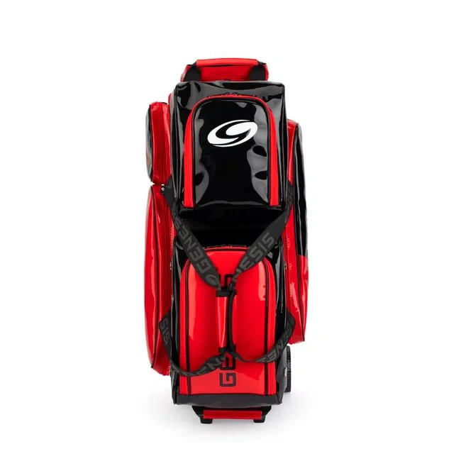 Closeup of Black/Red high gloss enamel material and reinforced stitching on the Genesis Sleek Gloss 3 Ball Triple Rolle