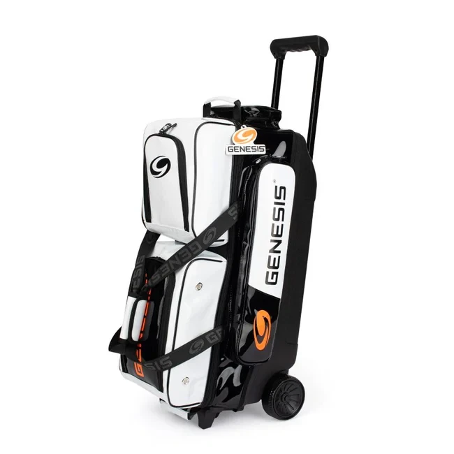Genesis Sleek Gloss 3 Ball Triple Roller White Black bowling bag front view showing high gloss enamel finish and telescopic handle
