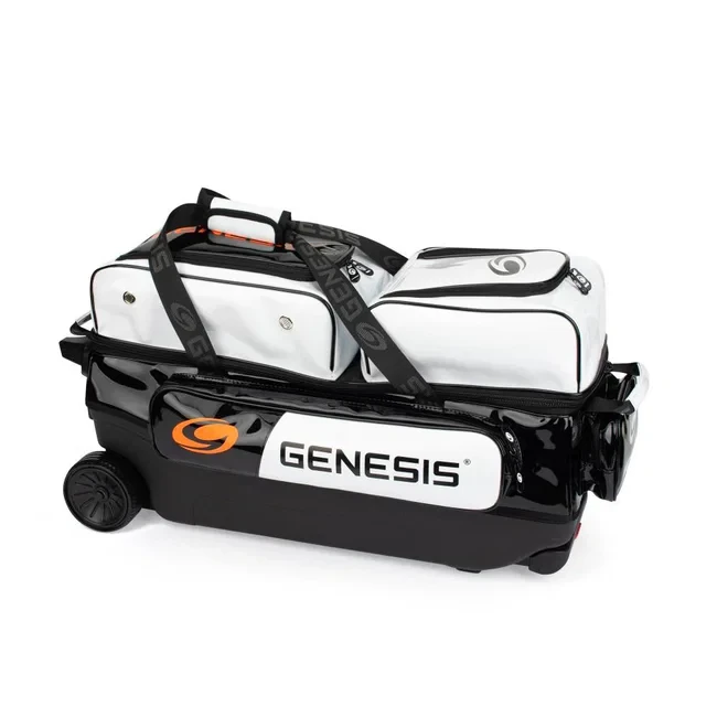 Top shoe compartment of Genesis Sleek Gloss 3 Ball Triple Roller White Black holds up to a size 15 pair of men’s bowling shoes
