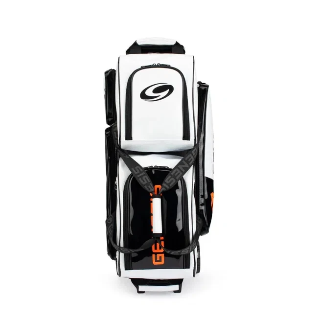 Closeup of white/black high gloss enamel material, large‑gauge zippers, and reinforced stitching on the Genesis Sleek Gloss 3 Ball Triple Roller