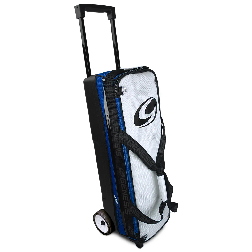 Detail shot of telescoping recessed handle with quick release button on the Genesis Sport Modular 3 Ball Triple Tote Blue