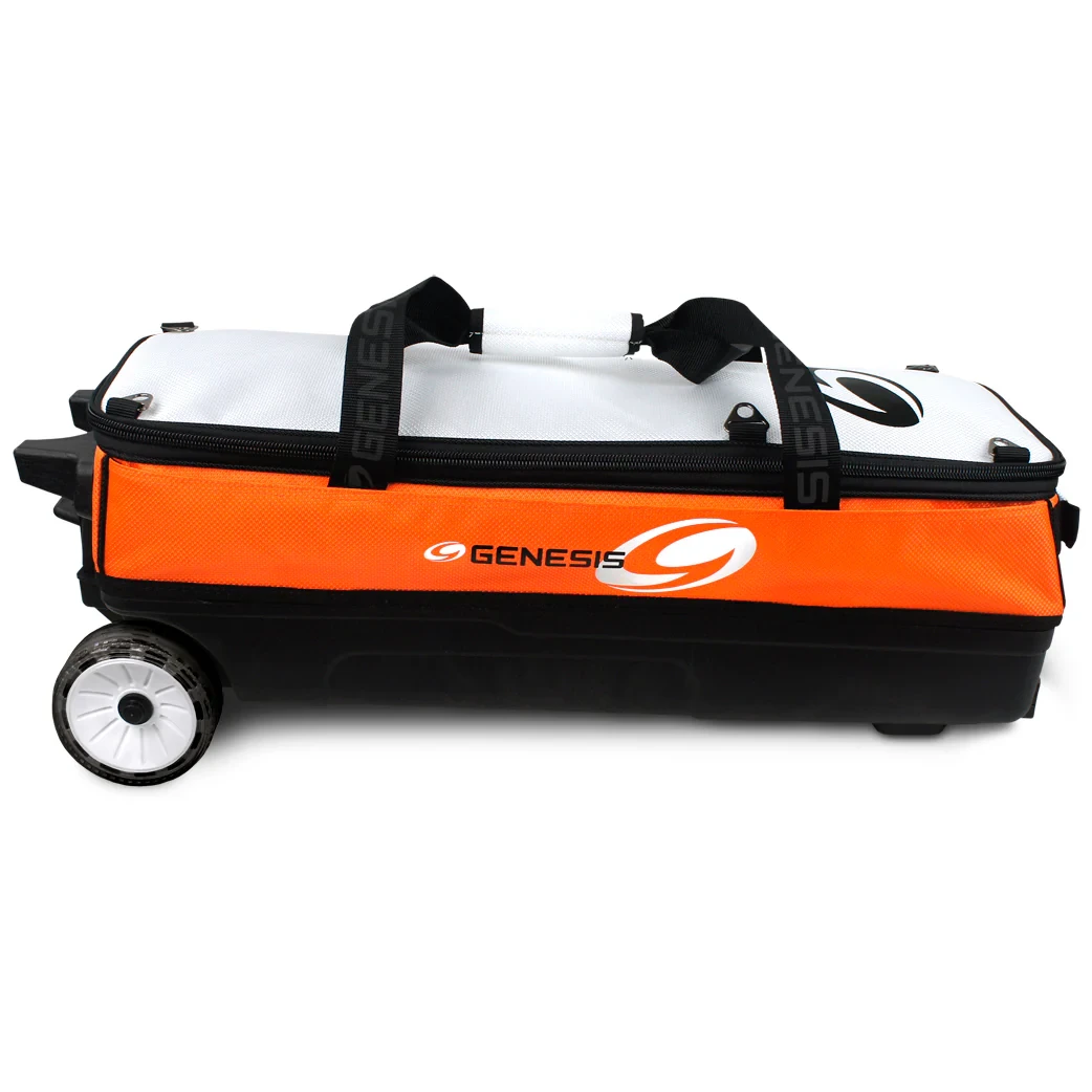Side view of Genesis Sport Modular 3 Ball Triple Tote Black Orange with grooved 4.5 inch urethane wheels and wide track base