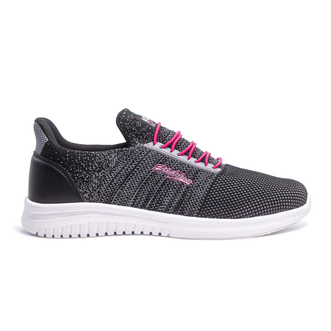 Side view of KR Strikeforce Rhythm dark grey pink knitted mesh upper