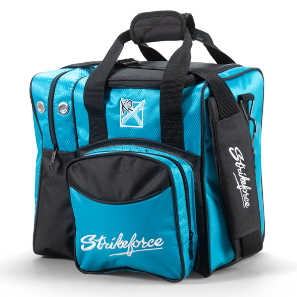 KR Strikeforce Flexx Single Tote Bowling Bag Caribbean Blue Black with adjustable shoulder strap