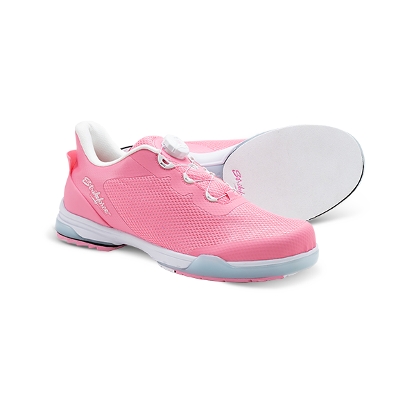 KR Strikeforce TPC Hype LT Pink Mesh LE right hand unisex bowling shoes, angled view with Clarino #8 microfiber slide pad visible on slide shoe