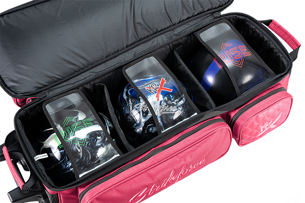 KR Strikeforce Diamond Dually 3 Ball Triple Roller LE Pink bowling bag open showing bowling ball storage