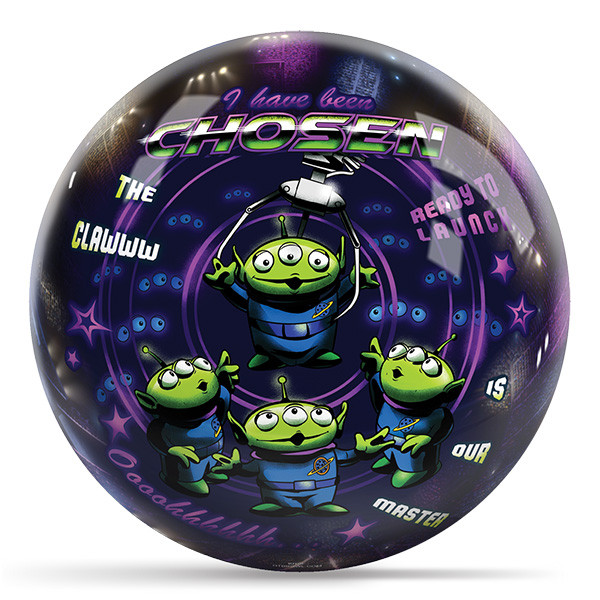 Disney Pixar Toy Story Aliens bowling ball with three-eyed Aliens under The Claw and "I have been CHOSEN" text