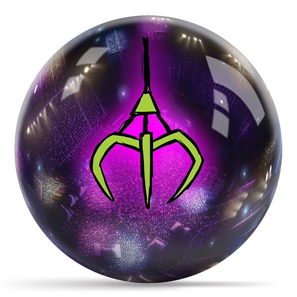 Back of the Toy Story Aliens bowling ball with a large green claw on a glowing purple arena background