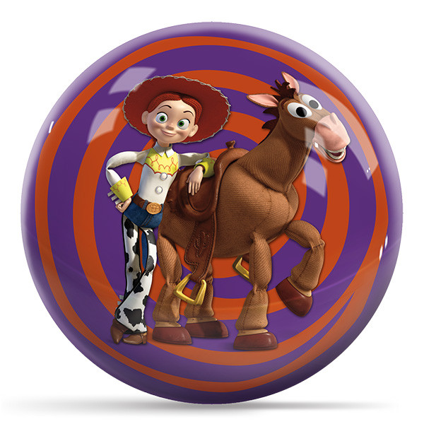 Back of the Toy Story Jessie bowling ball with Jessie leaning on Bullseye on a purple and orange swirl