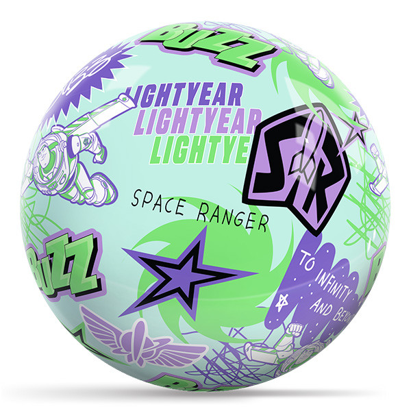 Back of the Toy Story Buzz Lightyear bowling ball with an "SR" badge, a purple star and "To Infinity and Beyond" graphics