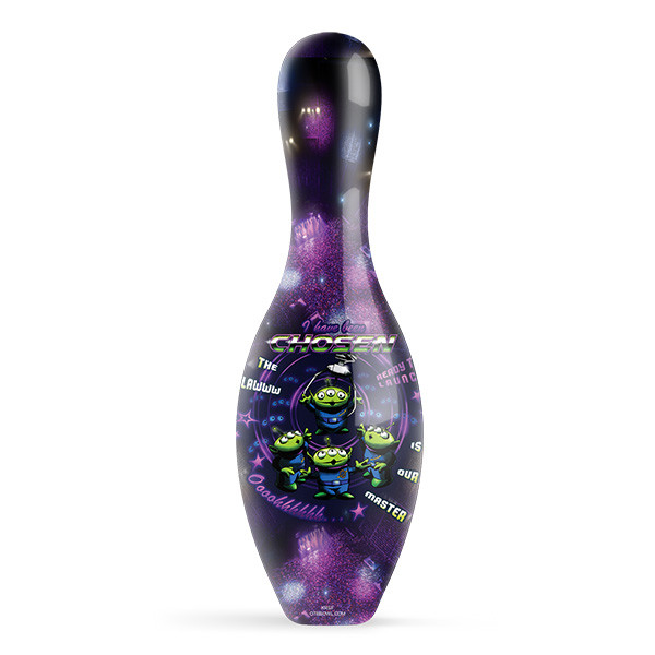Disney Pixar Toy Story Aliens bowling pin with the three-eyed Aliens, The Claw and "I have been CHOSEN" text