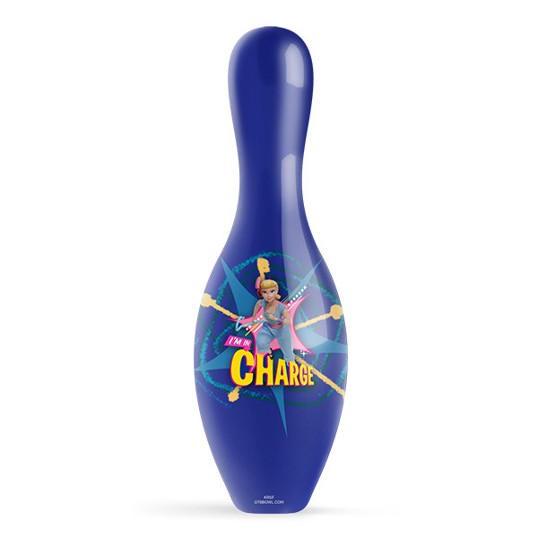 Disney Pixar Toy Story Bo Peep bowling pin with Bo holding her crook and "I'M IN CHARGE" text on royal blue