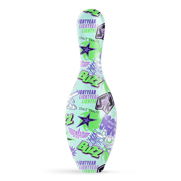 Back of the Toy Story Buzz Lightyear bowling pin with an "SR" badge, a purple star and "To Infinity and Beyond" graphics