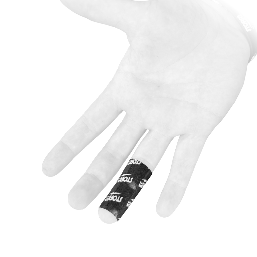 Black Storm Ultra Protect tape wrapped around a bowler's ring finger to protect against friction