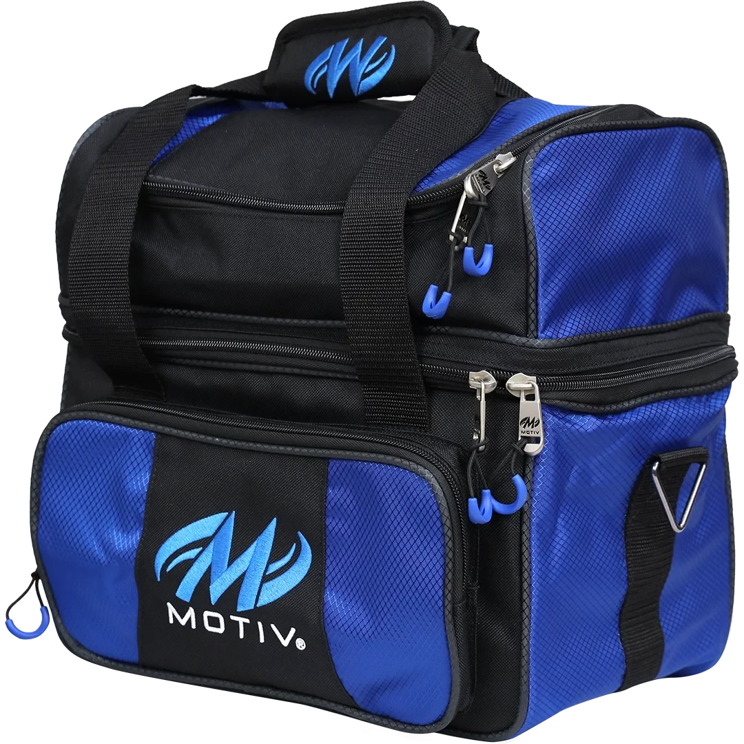 Motiv Prevail Single Tote bowling bag in blue and black with a bright blue Motiv M logo on the front pocket