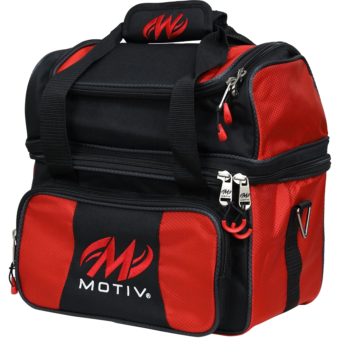 Motiv Prevail Single Tote bowling bag in red and black with a red Motiv M logo on the front pocket