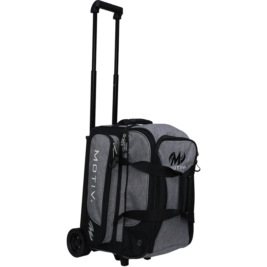 Heather gray Motiv Velocity double roller from the other side, showing Motiv lettering, a side accessory pocket and wheels