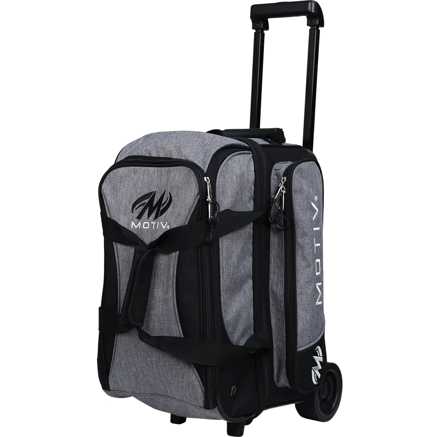 Motiv Velocity 2-ball roller bowling bag in heather gray and black with a telescoping handle and a Motiv logo front pocket